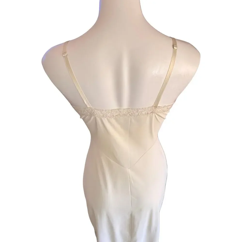 Vintage 1950s Ivory Crystal Pleated Full Slip Lace Trim Bodice Micro-Pleat Hem S